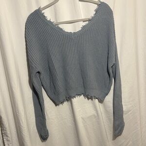 Jessica Simpson V-Neck Frayed Hem Sweater in Blue